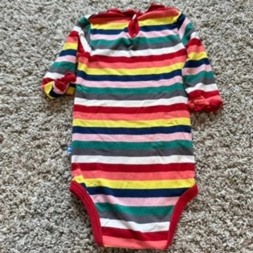 KicKee Pants Bamboo 6-12 Months‎ Striped Ruffle Trim Long Sleeve Baby Bodysuit